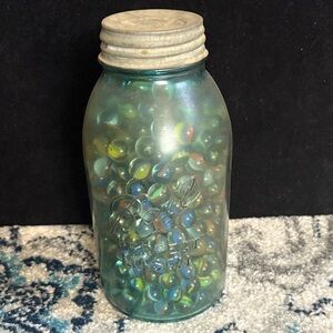 Vintage Blue Glass Ball Half Gallon Jar Filled with Colorful Marbles